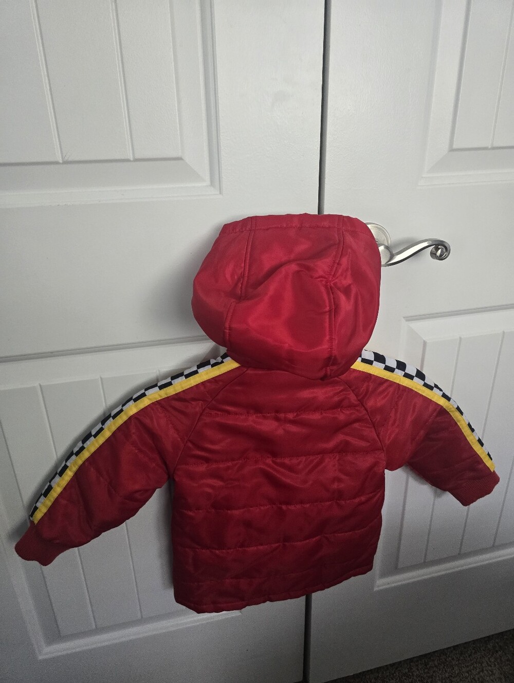 Kids Red Hooded Puffer Jacket with Checkered Racing Stripe